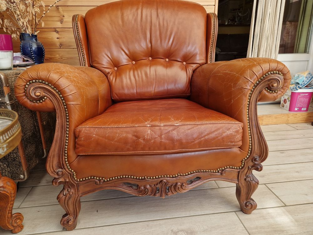 Canap&eacute;+Fauteuil bois&amp;cuir R&eacute;gence 1975 Bonino France 1500€ Meubles