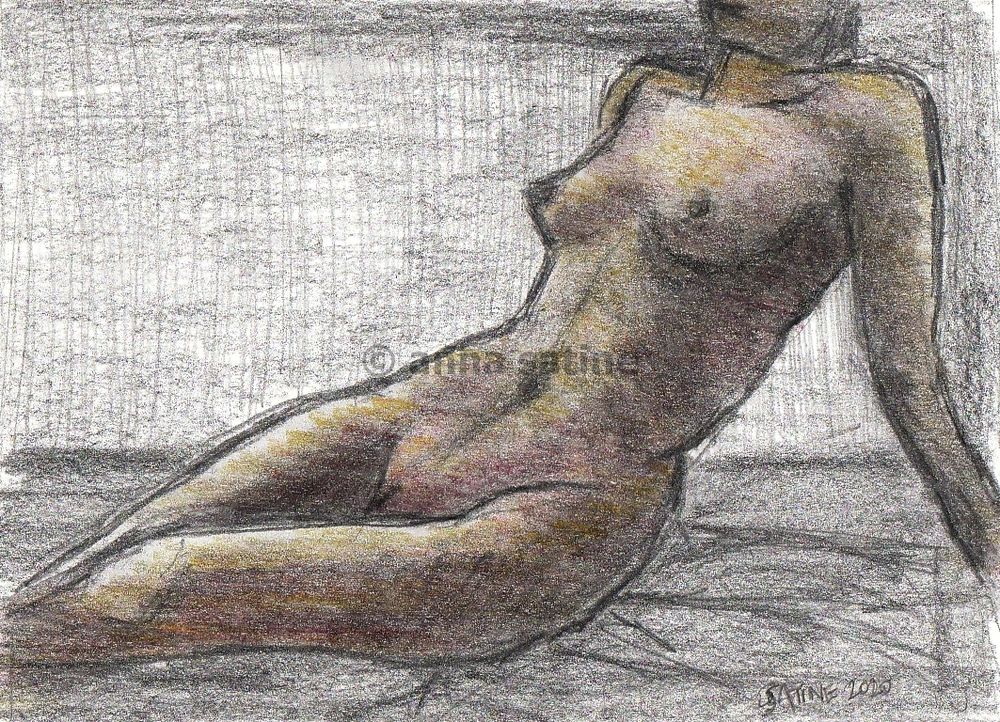 nu allong&eacute; 2 - graphite et couleurs sur papier - encadr&eacute; Décoration