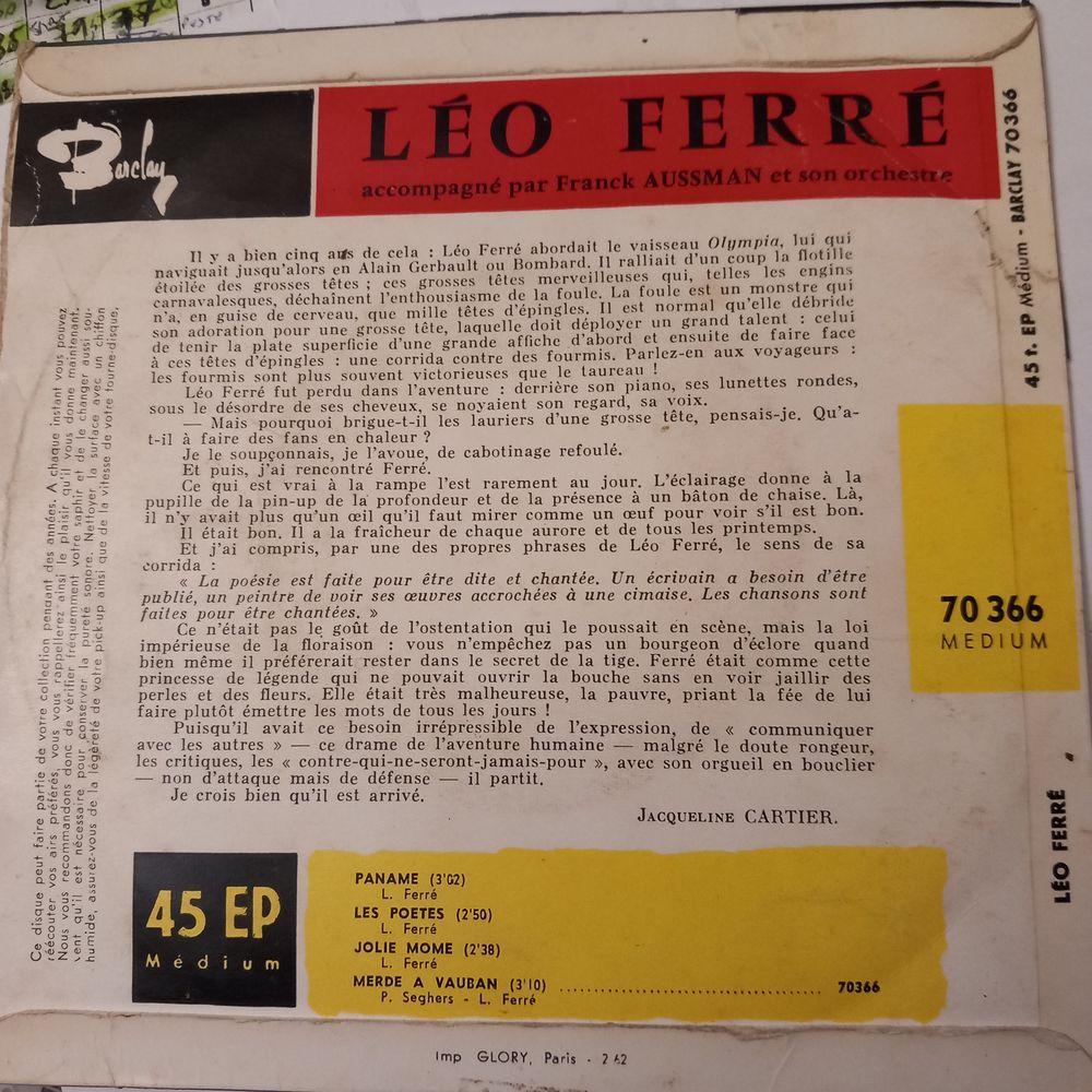 LEO FERRE / 2 X DISQUES VYNIL 45 TOURS CD et vinyles