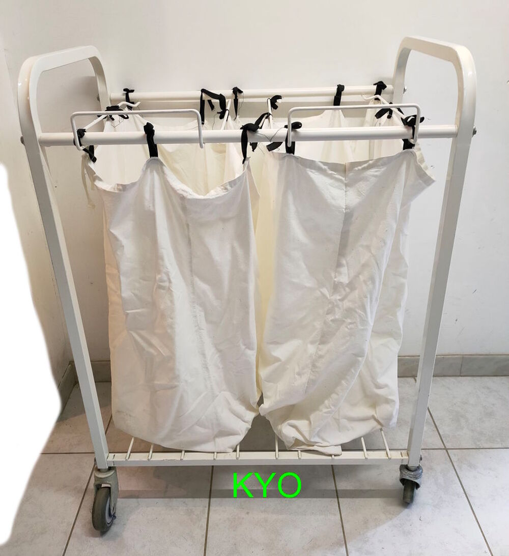 Chariot porte-sac panier linge blanc m&eacute;tal roulettes Meubles