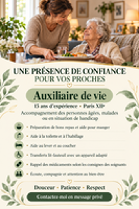   Auxiliaire de vie avec 15 ans d'expérience, j'habite à Paris 