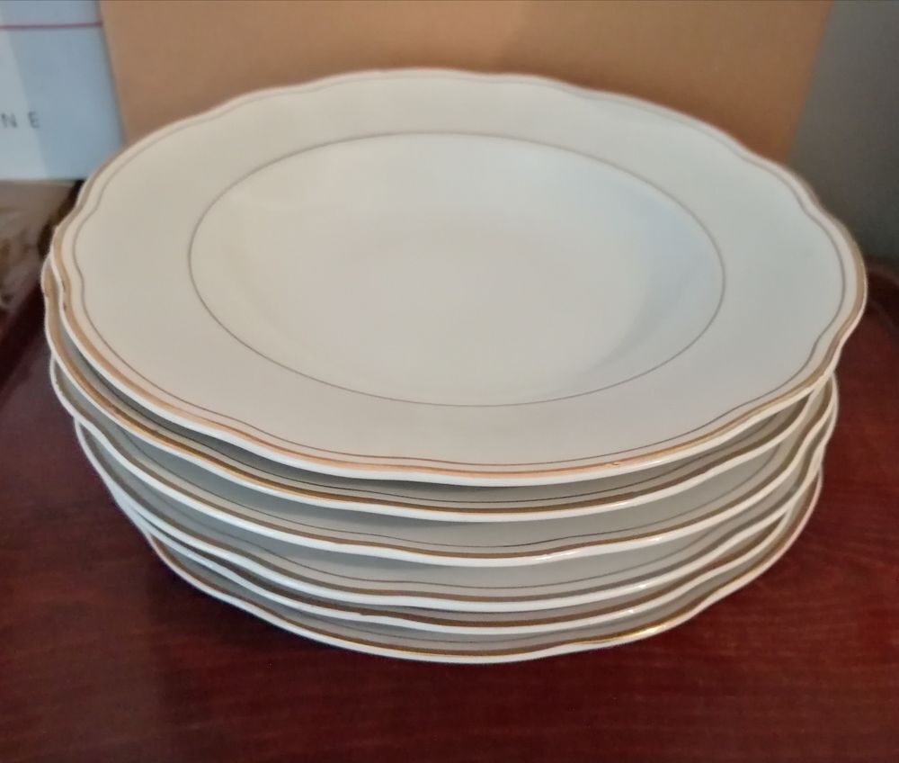 30 assiettes, fine porcelaine filet or : 18 plates 12 creuses. Décoration