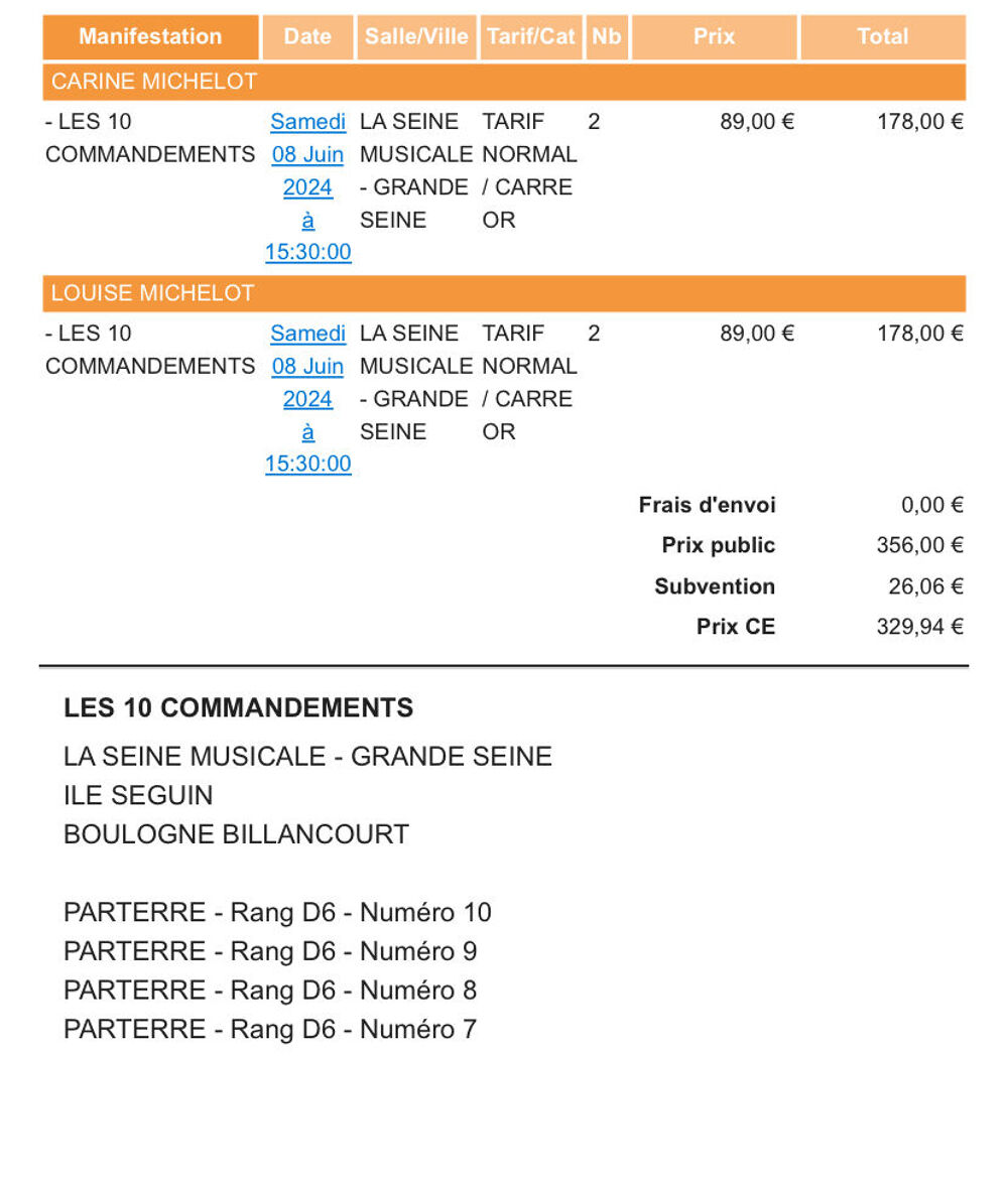 4 e-billets pour le Spectacle Les 10 Commandements Billetterie