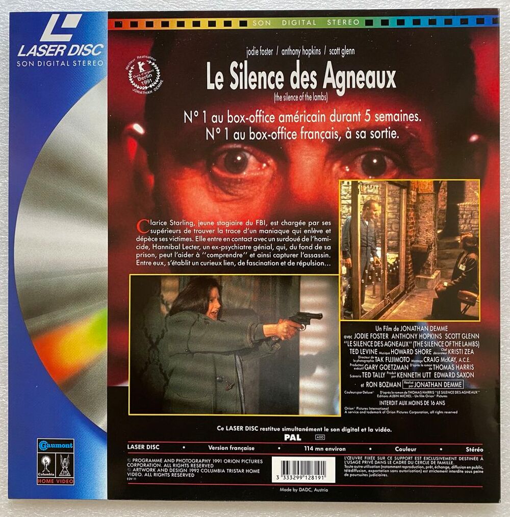 LE SILENCE DES AGNEAUX - Laserdisc - Jodie FOSTER, Anthony DVD et blu-ray