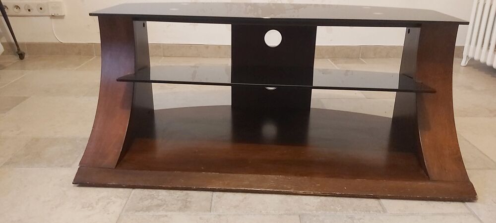Meuble TV bois et verre fum&eacute; Meubles