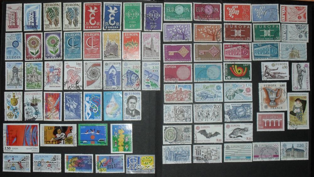 Lot de 77 timbres oblit&eacute;r&eacute;s EUROPA de France. 