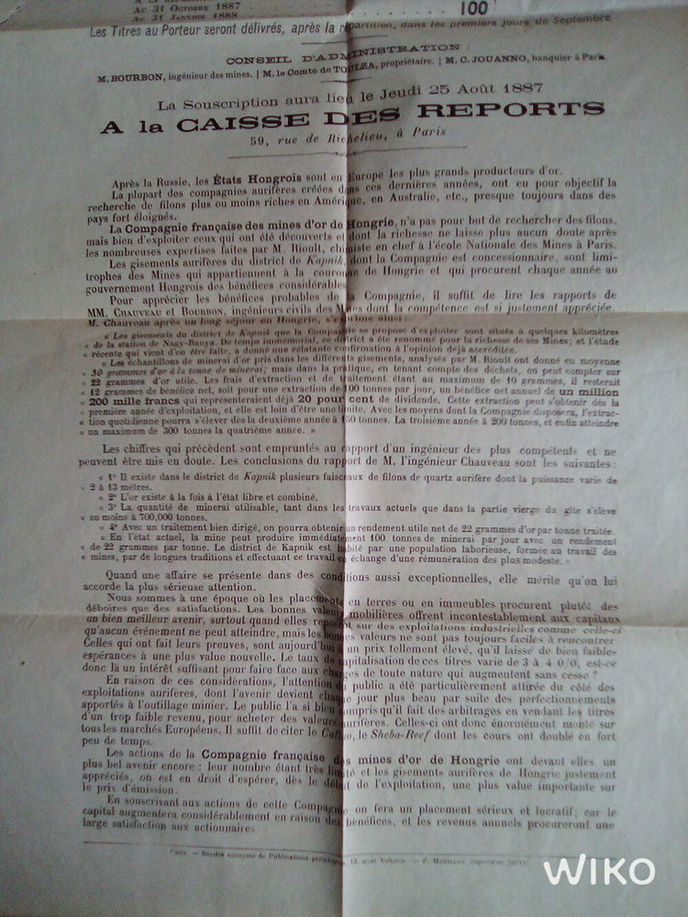 Ann&eacute;e 1887 achat d'actions concernant Mines d'Or de Hongrie 