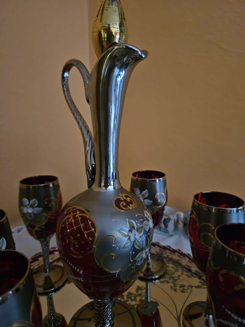 CRISTAL DE MURANO VINTAGE (1981) 6 verres + plateau+cruche 