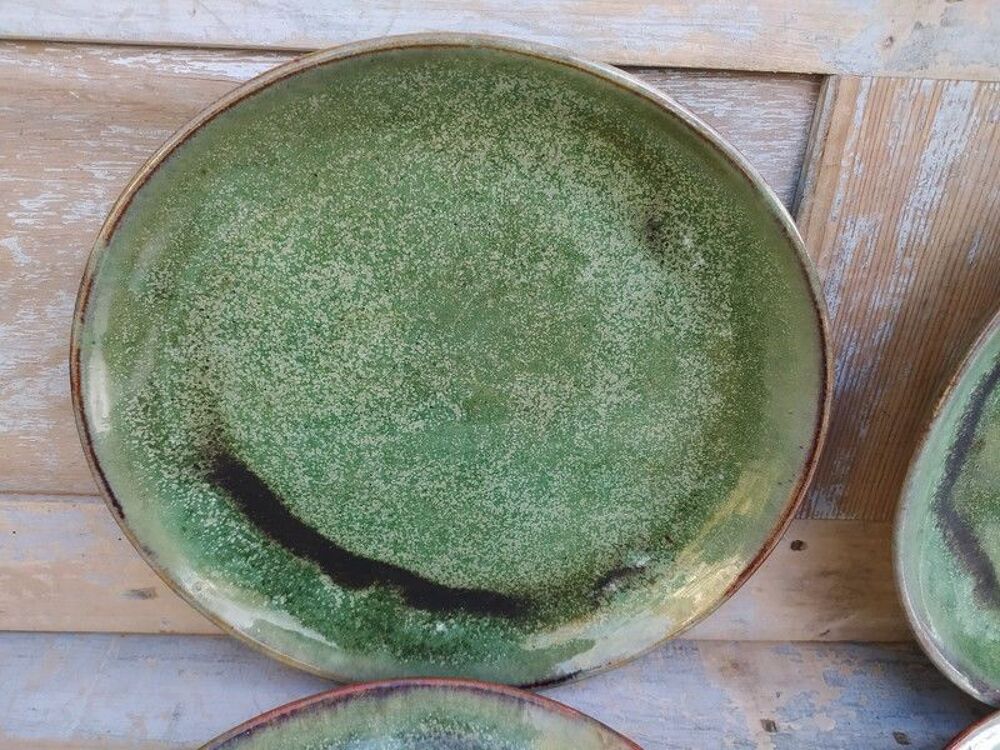 4 Assiettes Gr&egrave;s &Eacute;maill&eacute; Vert Porterie Artisanale Décoration