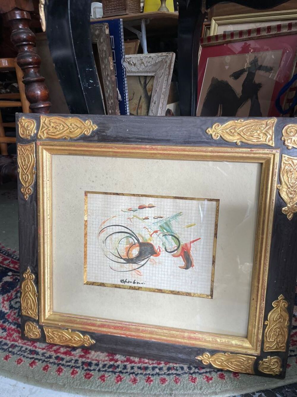 Lot de deux tableaux peinture abstraite cadres dor&eacute;s Décoration