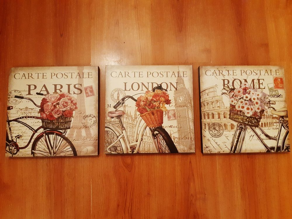 3 tableaux Paris London Rome / capitales bicyclette fleurs Décoration