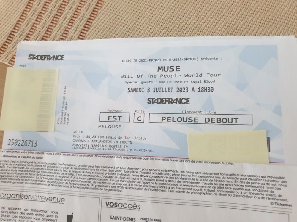 Billet pour Muse au stade de France 08/07/2023 Billetterie