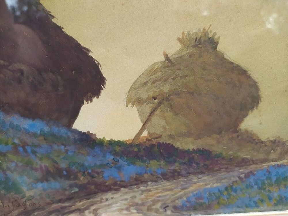 ANDR&Eacute; DES GACHONS Tableau Aquarelle Meules de Foin Campagne 