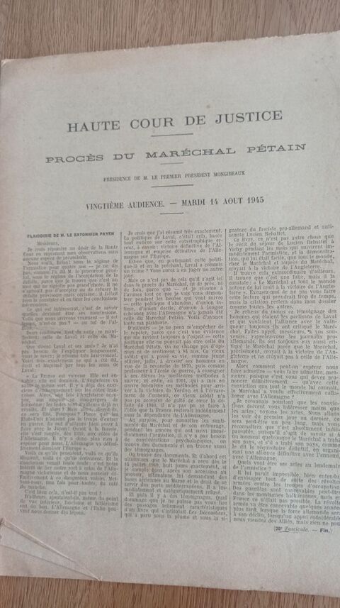 Compte rendu du Procès du Maréchal PETAIN 1945 Fleurieux-sur-l'Arbresle (69)