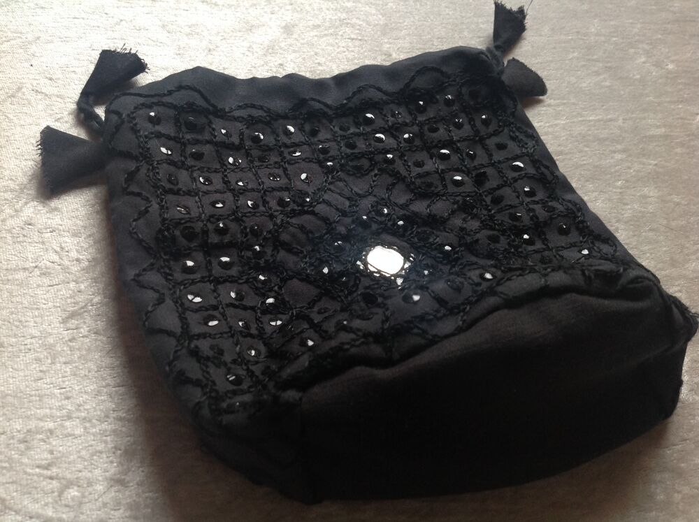 SAC EN TISSU NOIR BROD&Eacute; AVEC STRASS &amp; MIROIRS Envoi Possible Maroquinerie
