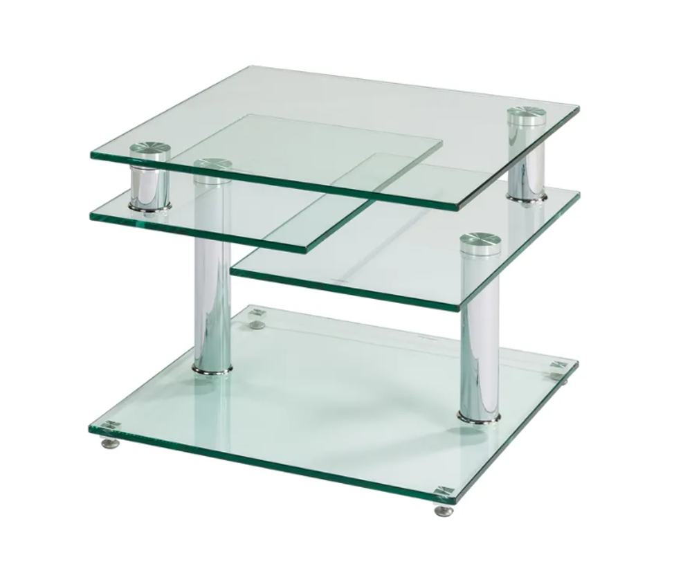 Table basse verre tremp&eacute; et chrom&eacute; avec plateaux pivotants Meubles