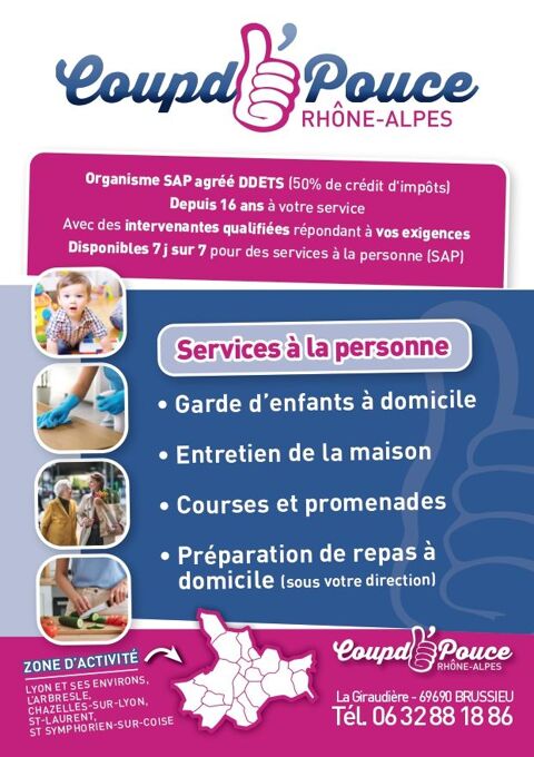 Aide-m&eacute;nag&egrave;res Lyon.
Agr&eacute;&eacute; DDETS (50% cr&eacute;dit d'imp&ocirc;ts) 0 69690 Brussieu