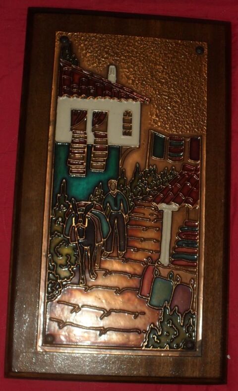 Cadre en bois et cuivre repouss�. 
Sc�ne de vie en Provence. 60 Montreuil (93)