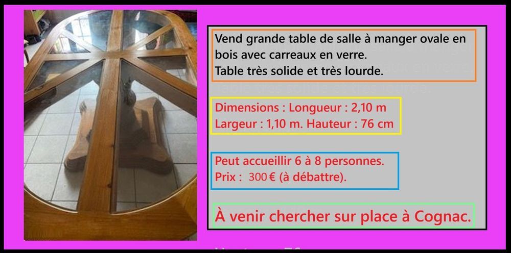Grande table de salle &agrave; manger ovale bois, verre 8 personnes Meubles