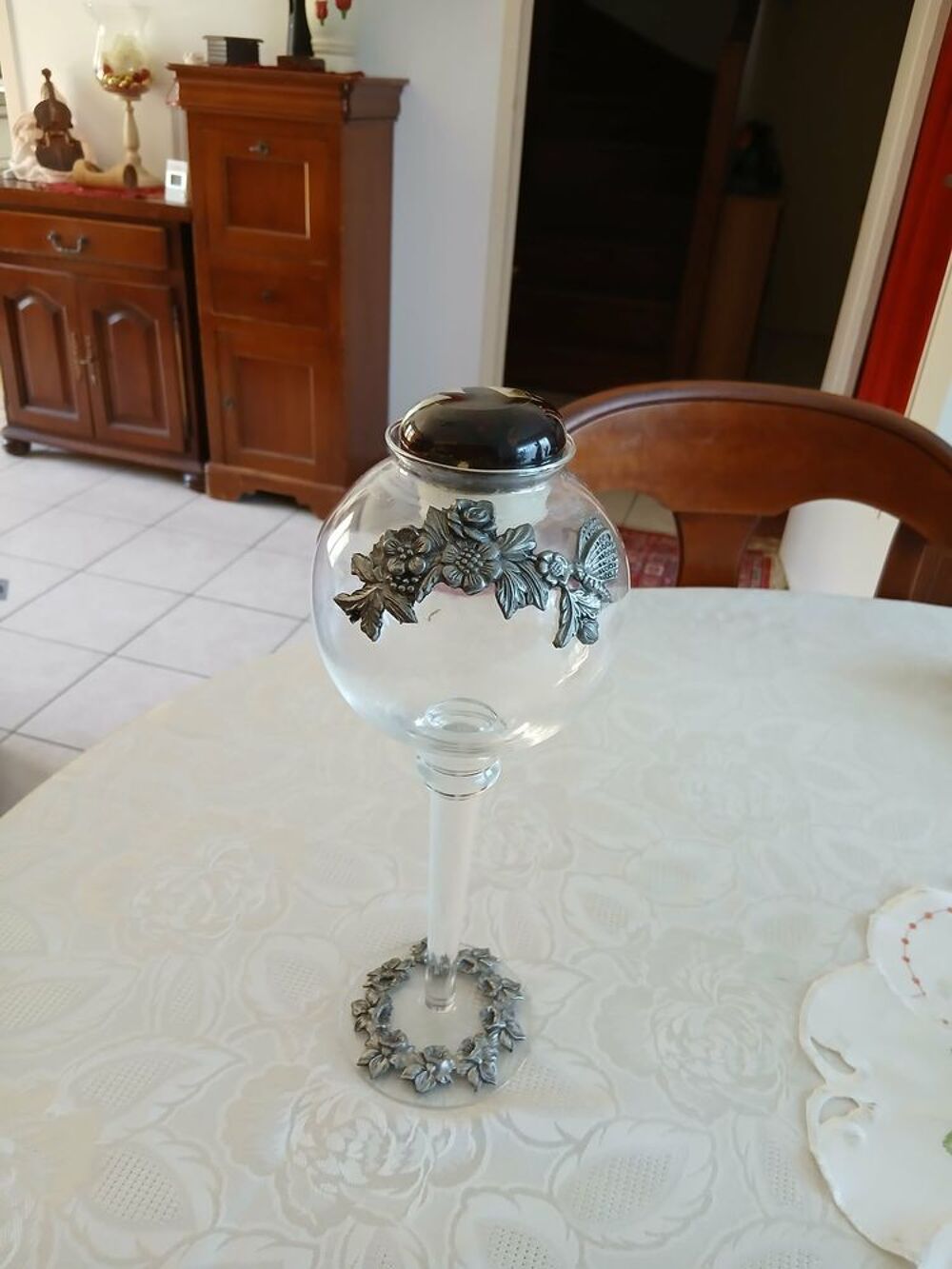 Vase photophore bomb&eacute; cristal orn&eacute; d'&eacute;tain N&deg; 1450 Décoration