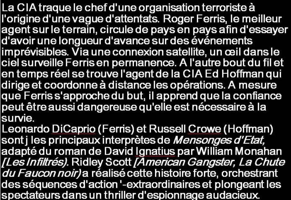 mensonges d'&eacute;tat thriller (DICAPRIO CROWE) /// DVD et blu-ray