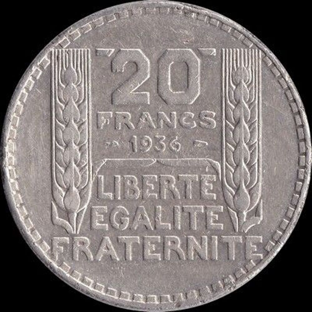 Tr&egrave;s rare 20 francs Turin 1936, en argent, tranche stri&eacute;e 