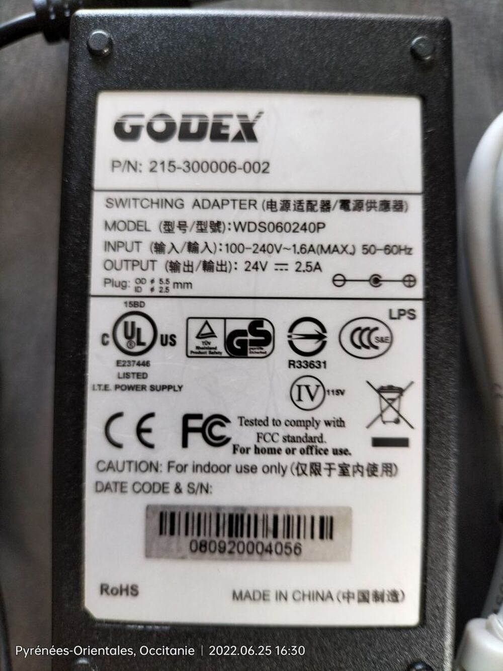Alimentation Godex en TBE (mod&egrave;le: WDS060240P) Matériel informatique