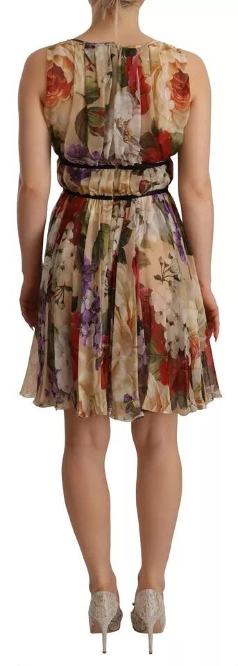 Robe mini beige &agrave; fleurs sans manches et col rond D&amp;G Vêtements