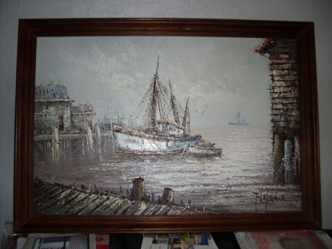Tableau..Bateau a quai huile sur toile sign�.. 200 Saint-L�ger-des-Bois (49)