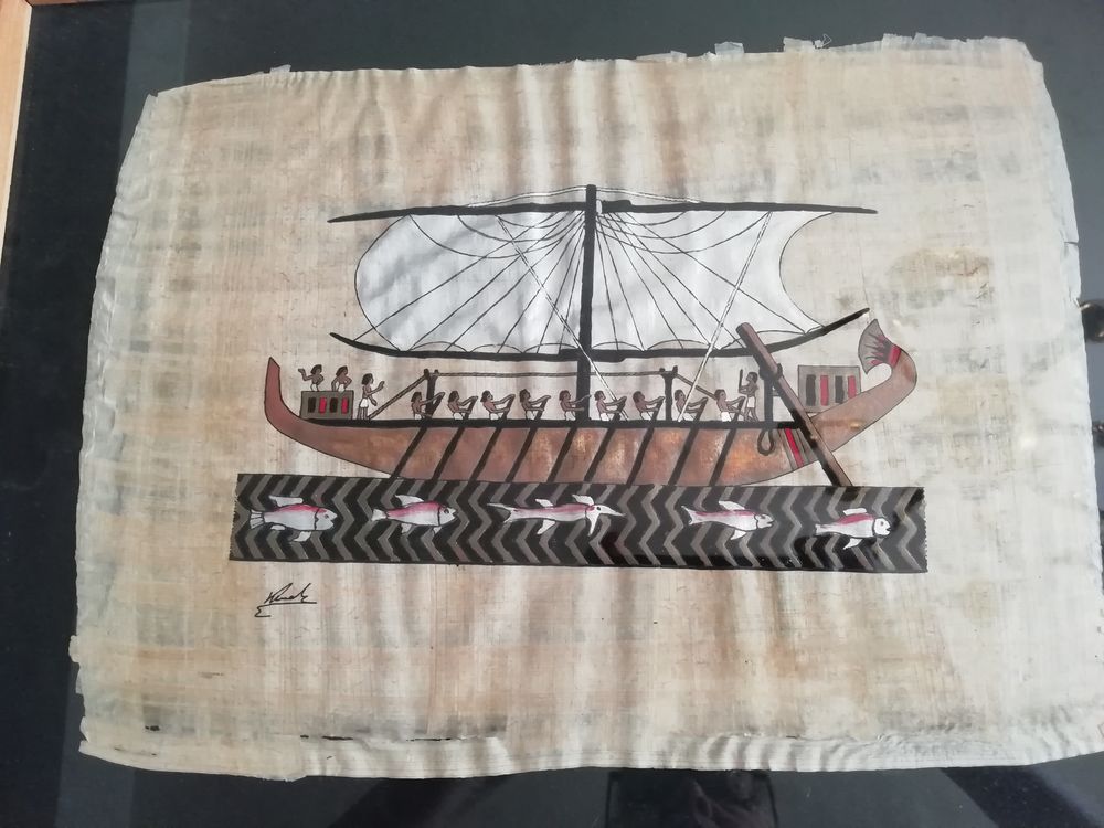 Tableau repr&eacute;sentant une pirogue sur papyrus 32x42cm Décoration