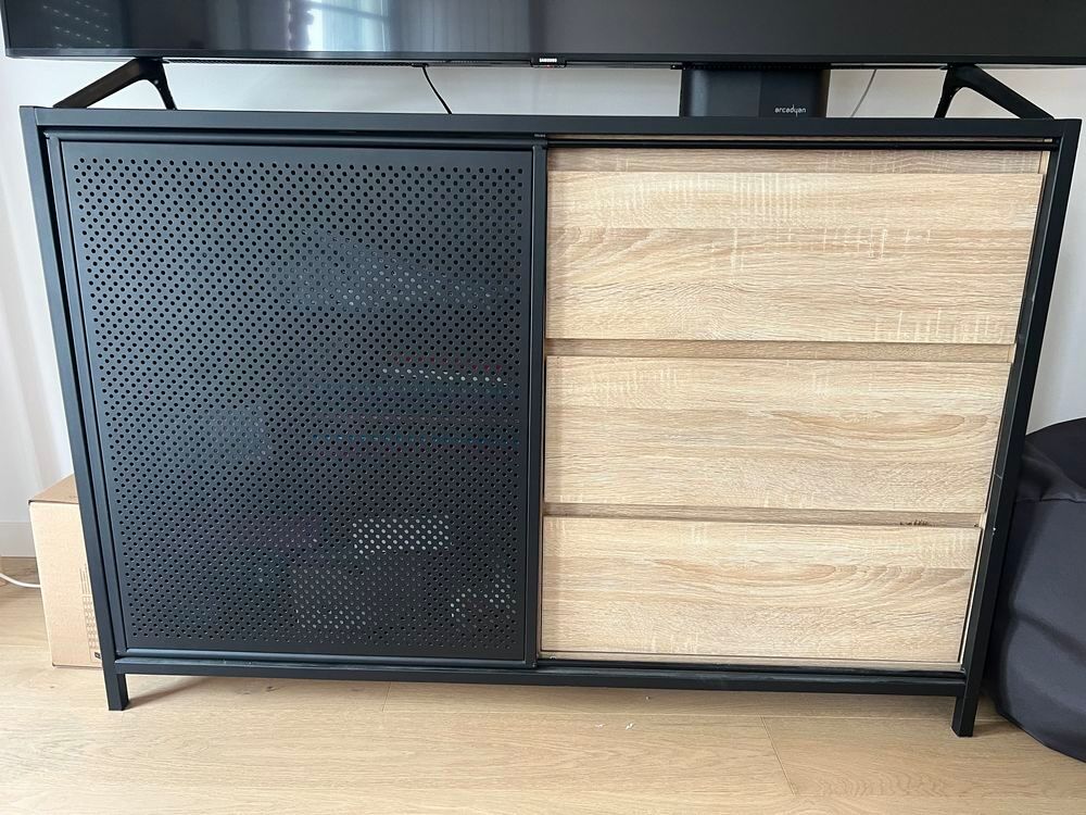 Commode 3 tiroirs 1 porte indus imitation ch&ecirc;ne et acier Meubles