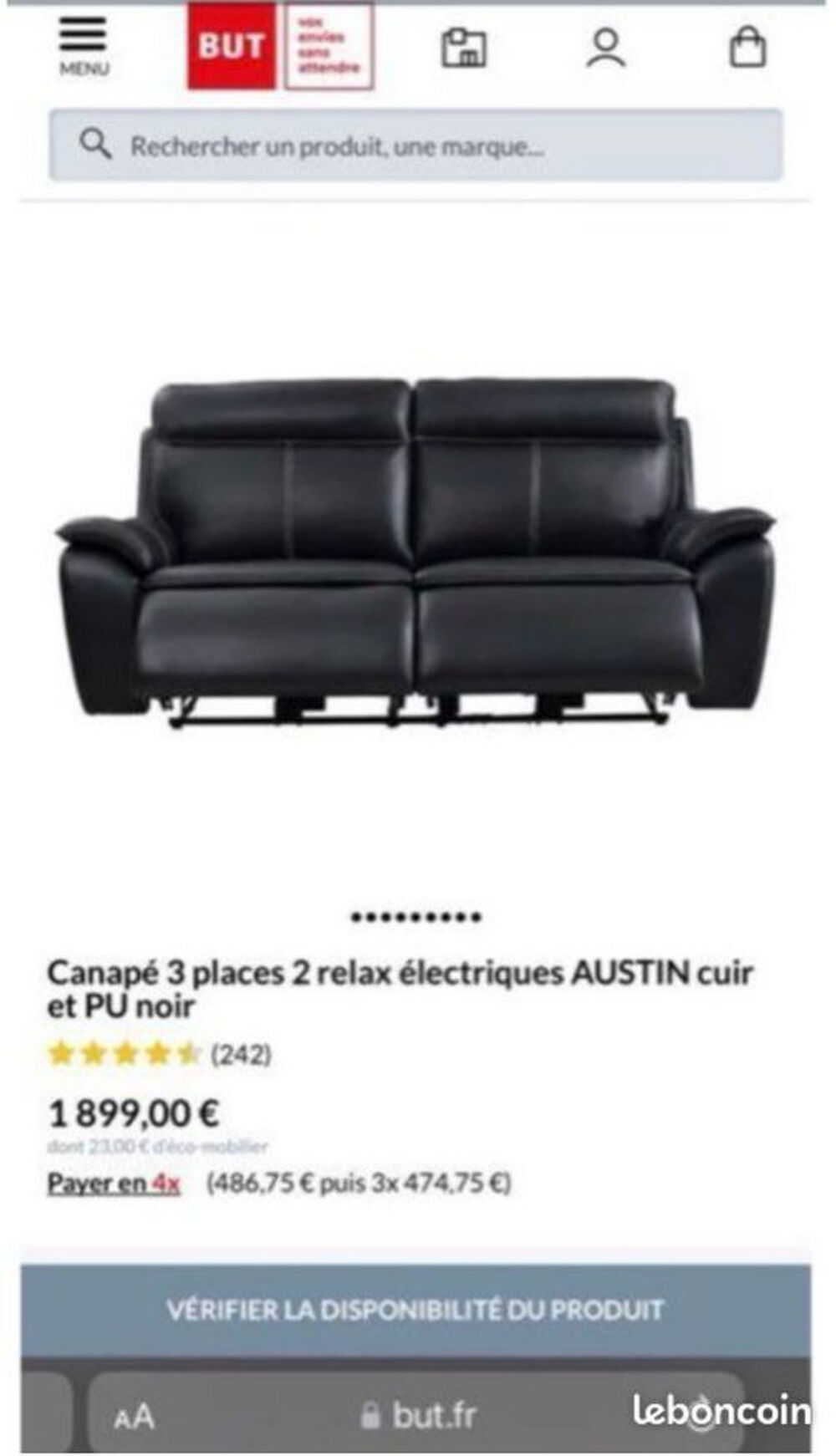 Canap&eacute; en cuir noir relax Meubles