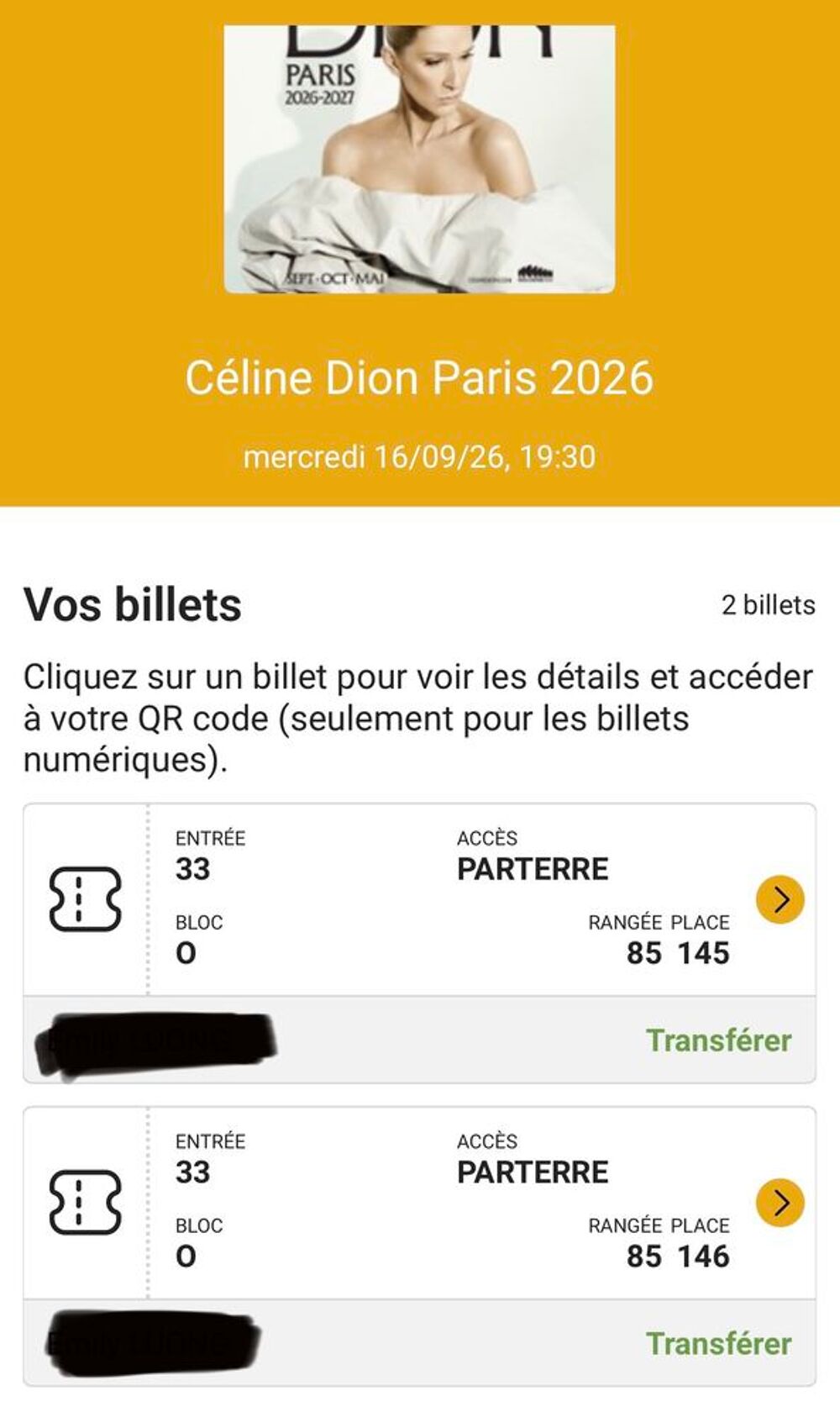 2 places C&eacute;line Dion Paris 16 septembre 26 ? Cat. 1 Parterre Billetterie