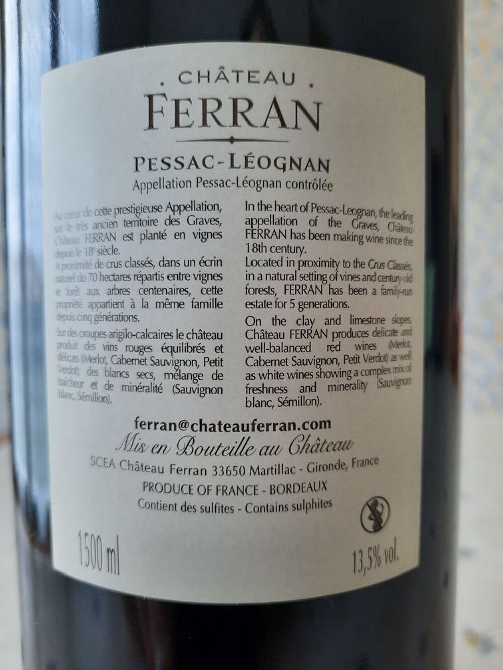 Bouteille de vin Magnum chateau FERRAN 2014 Cuisine