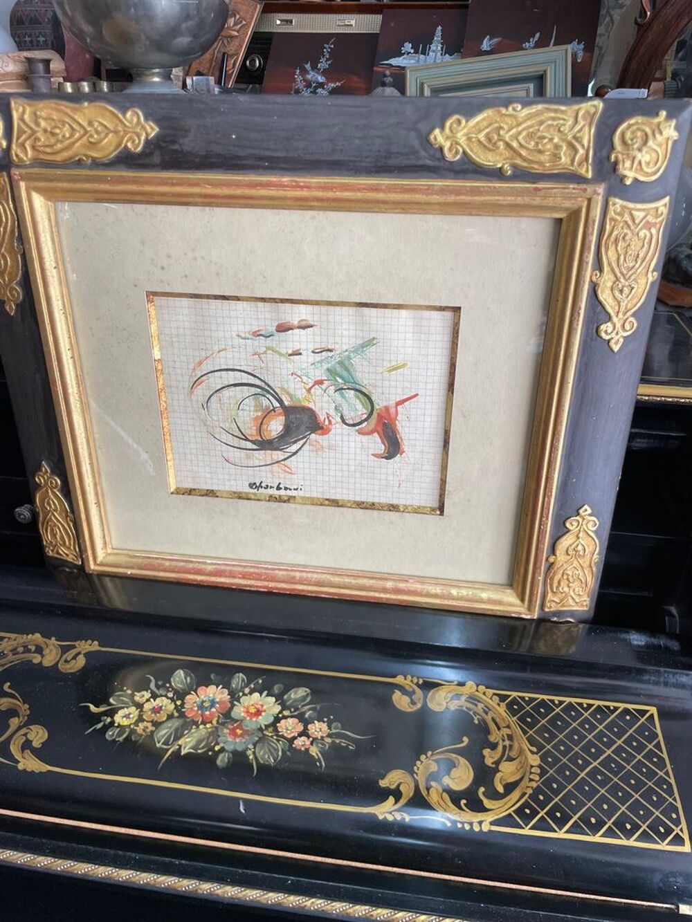 Lot de deux tableaux peinture abstraite cadres dor&eacute;s Décoration