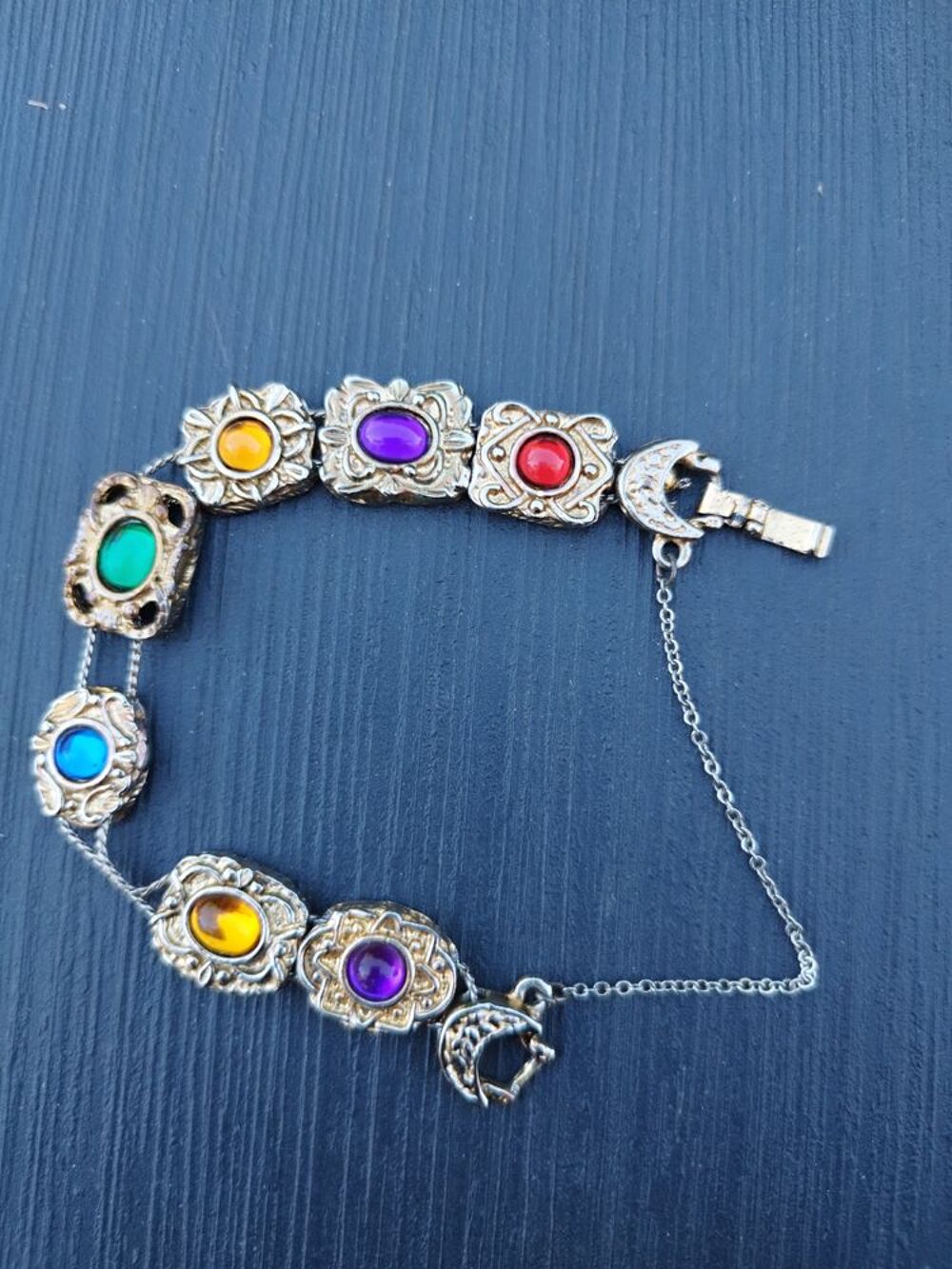 BRACELET Vintage M&eacute;tal argent&eacute;, cabochons diff&eacute;rentes couleu Bijoux et montres