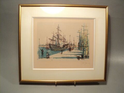 Jean Carzou Lithographie Encadr�e Repr�sentant un Port 1954. 90 Loches (37)