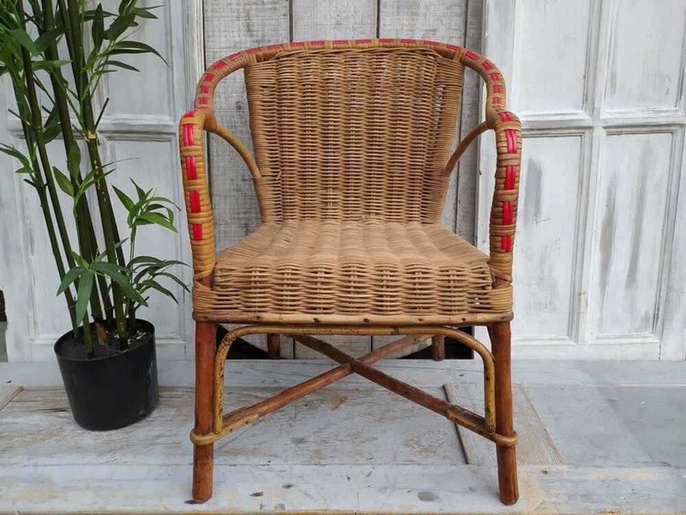 Fauteuil Enfant Rotin Tress&eacute; Vintage 
Meubles