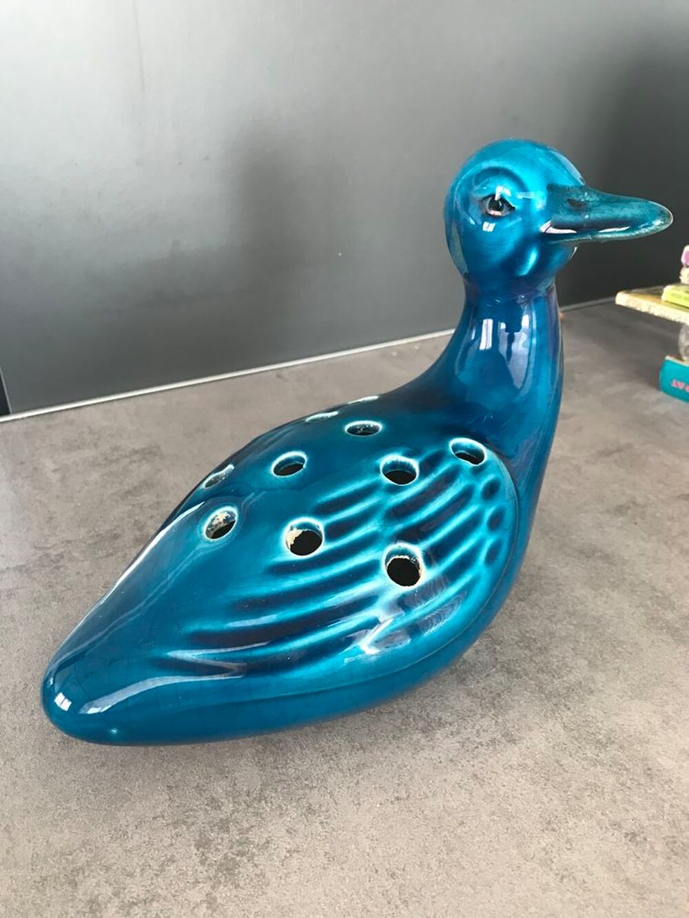 Pique-fleurs canard en fa&iuml;ence &eacute;maill&eacute;e bleu turquoise Décoration