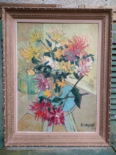 Tableau Bouquet de Fleurs Dahlia Signé A.Oundjian 350 Loches (37)
