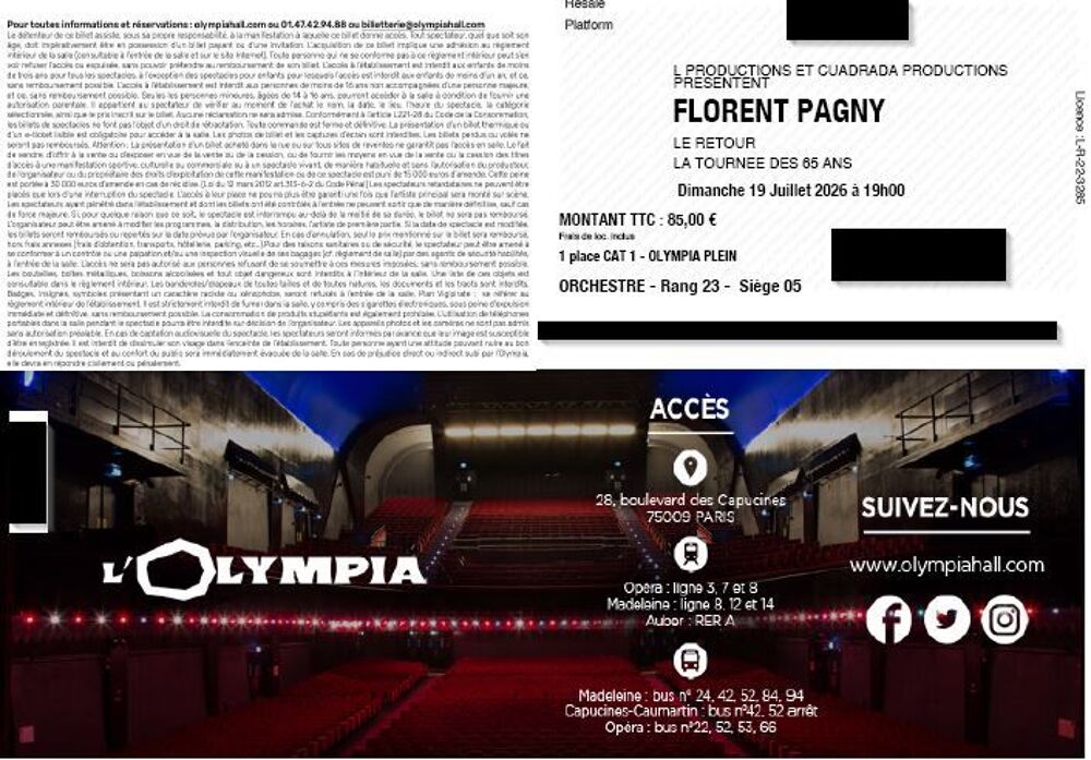 Billets Concert FLORENT PAGNY &agrave; l'Olympia - LE RETOUR Billetterie
