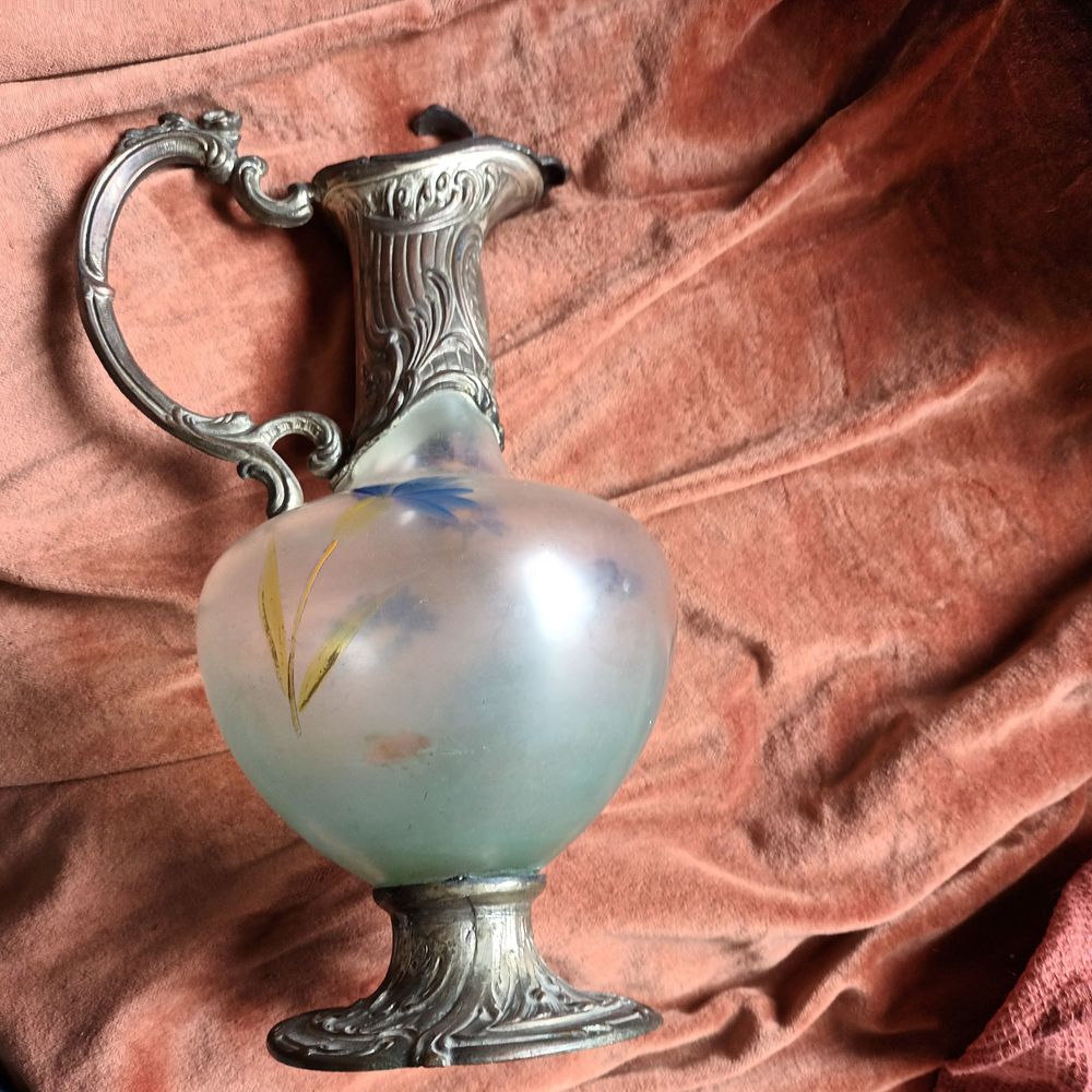 Vase metal verre peint fleurs bleue nature art d&eacute;co salon Décoration