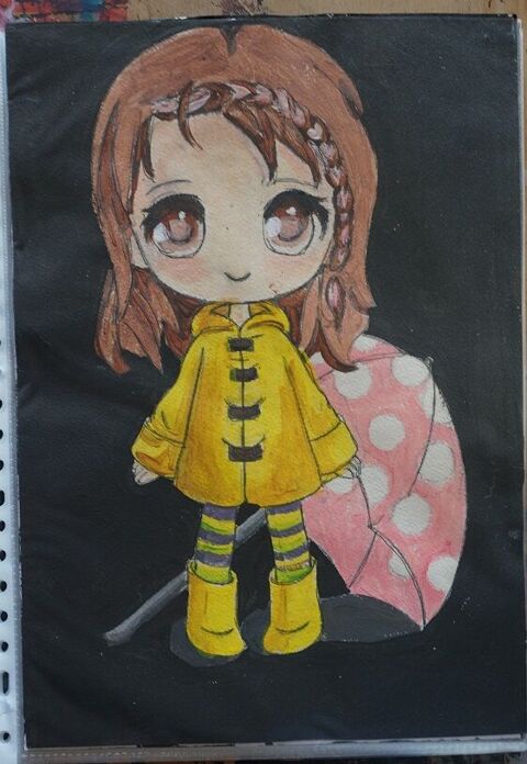 peinture - jeune fille au parapluie - chibi - sur papier aqu 4 Fougères (35)