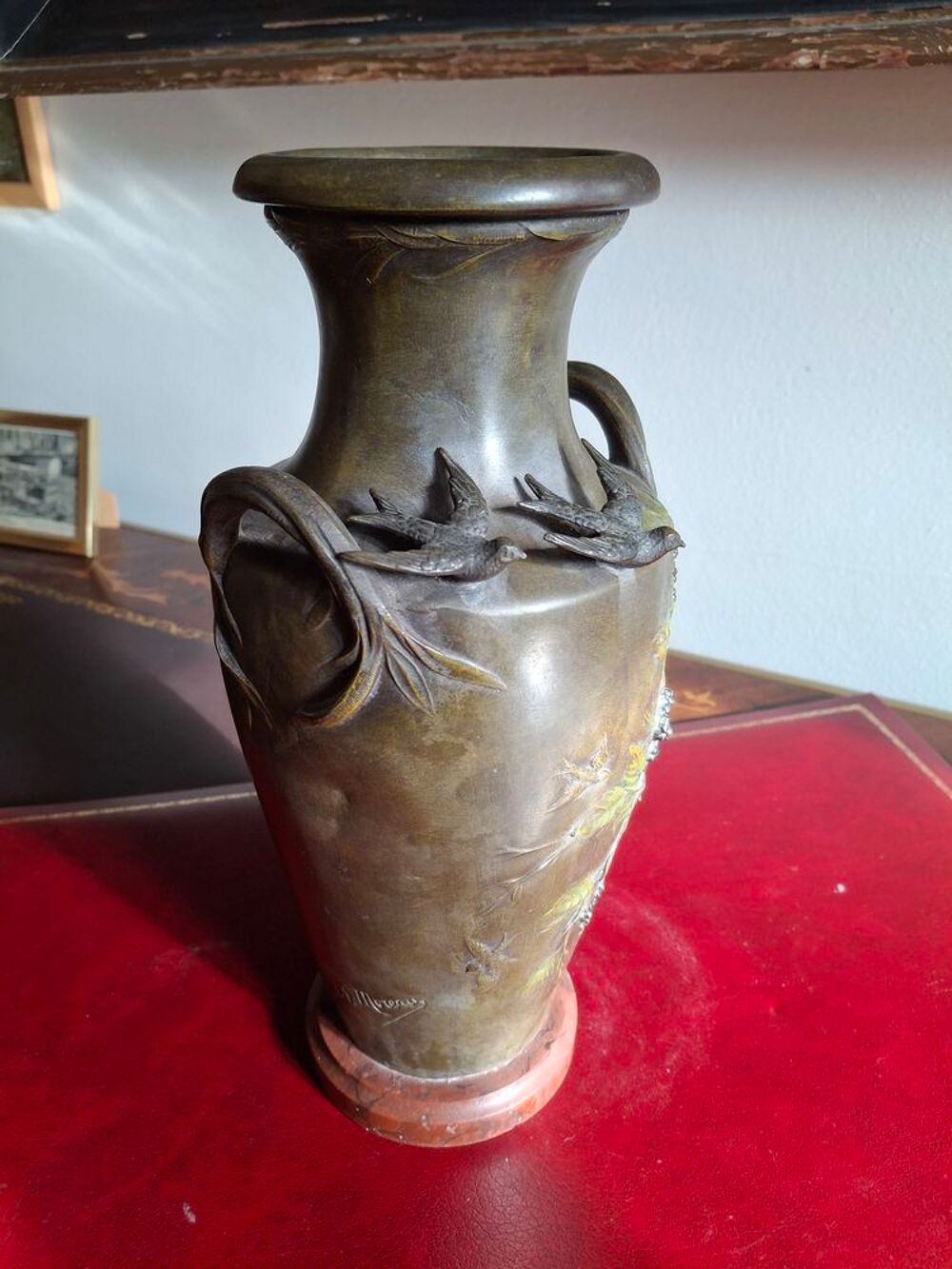 Paire vases art nouveau r&eacute;gule triple patine sign&eacute;s Moreau Décoration
