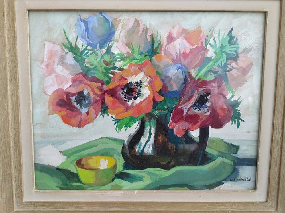 Tableau Nature Morte aux Coquelicots Gouache sign&eacute; M.Lacombe Décoration