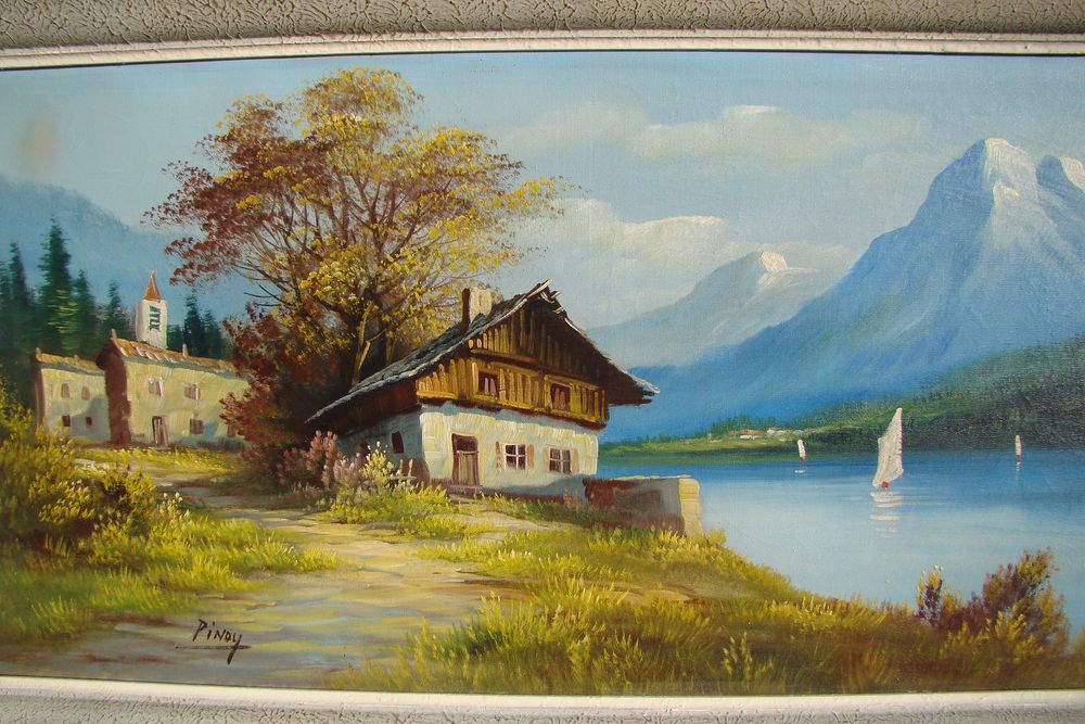 Tableau huile sur toile Chalet au bord d'un lac de montagne Dcoration