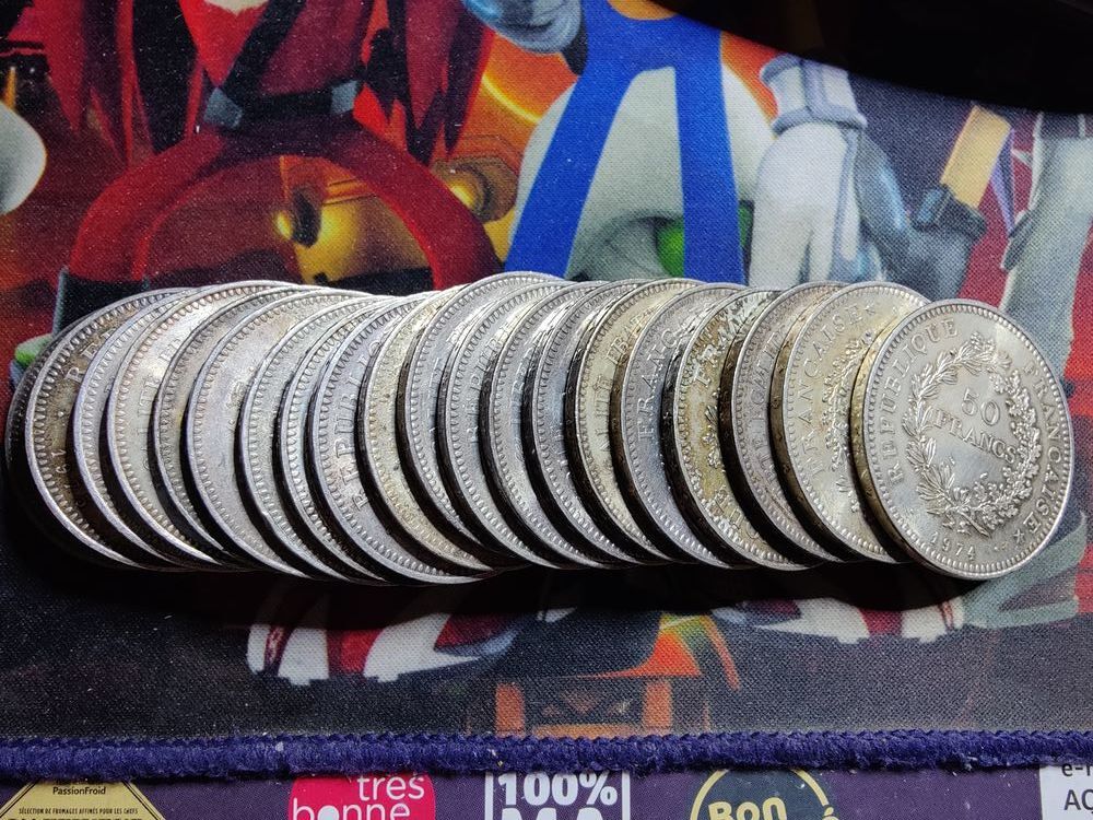 Lot de 20 pieces de 50 frs Hercule en argent.50 euros piece. 