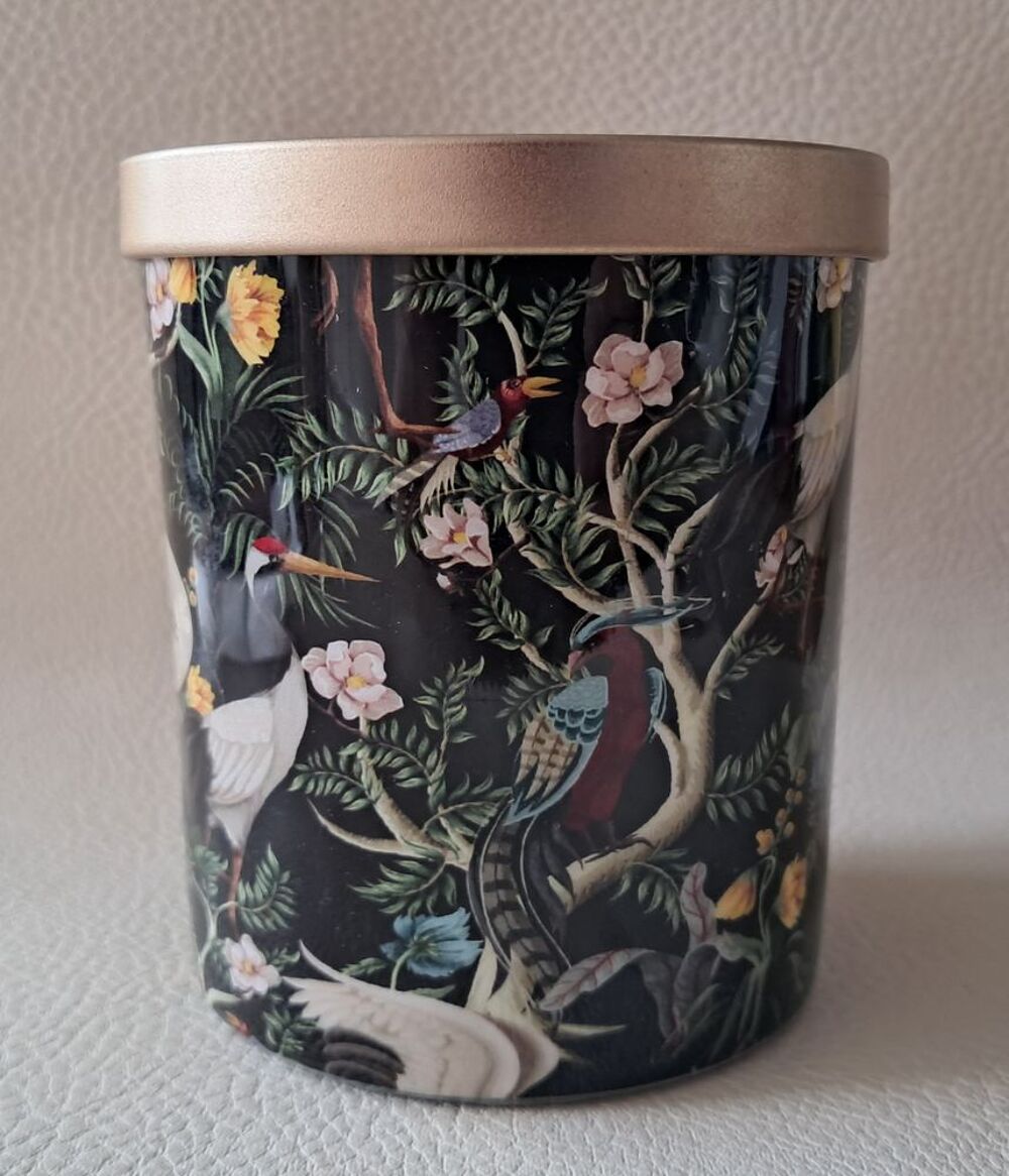 Pot cache bougie avec d&eacute;cor de for&ecirc;t et d'oiseaux tropicaux Décoration