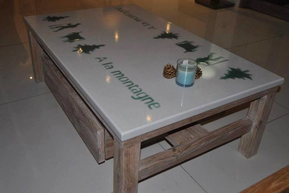 Table basse teck plan pierre de lave &eacute;maill&eacute;e Meubles