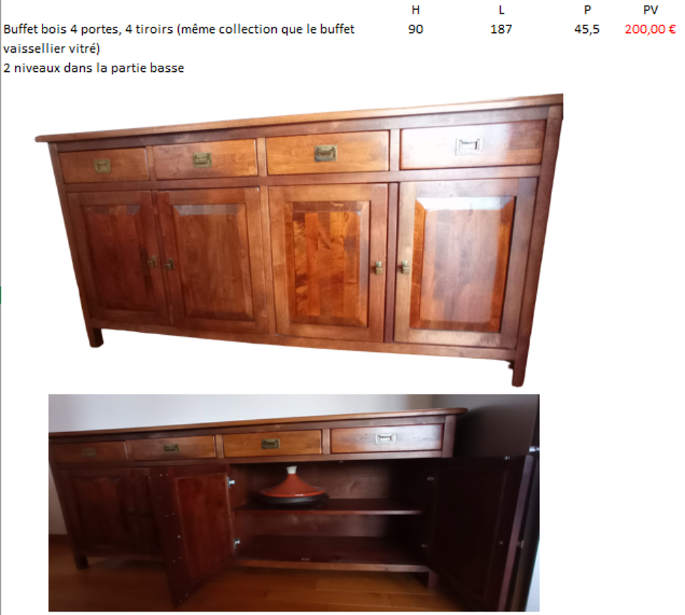 BUFFET BOIS 4 PORTES, 4 tiroirs Meubles